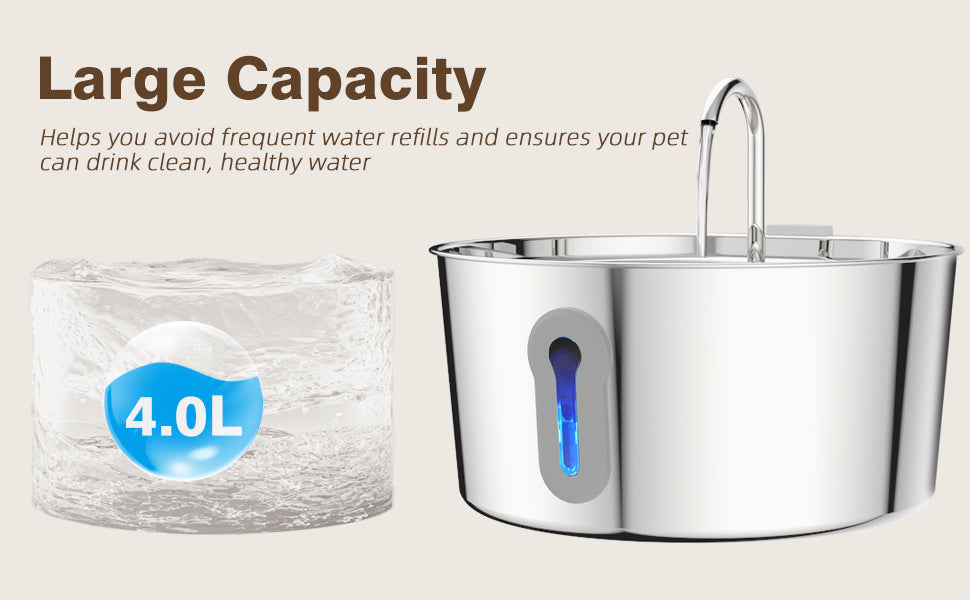Stainless Steel Cat Water Fountain & 8+4 Replacement filters, 135oz/4L Automatic Pet Fountain Dog Water Dispenser for Cats Dogs