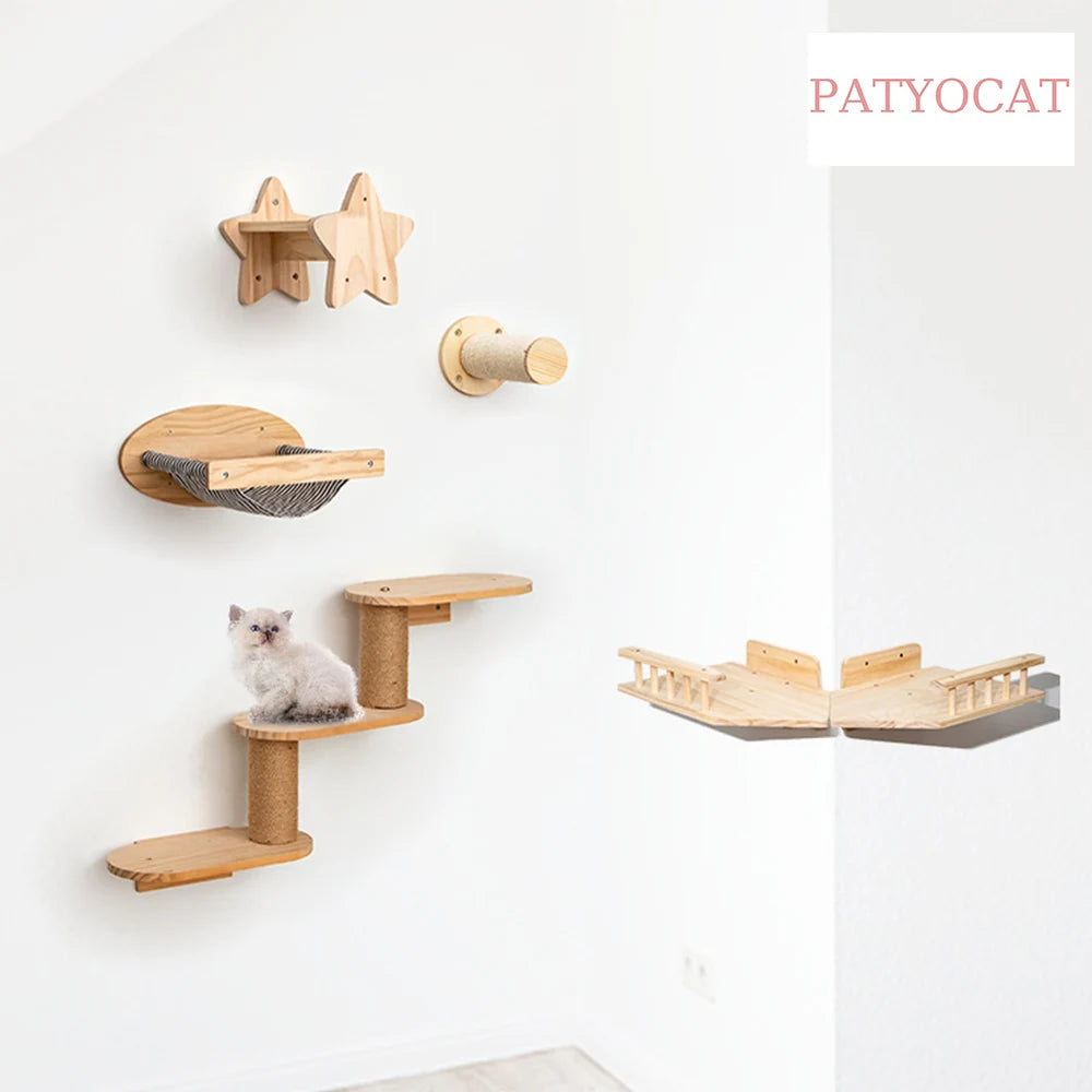 Cat Wall Mounted Climbing Shelves Bridge For Tree Cat Scratching Post Wooden Stairway Shelves Sisal Ladder Cat Climbing Frame