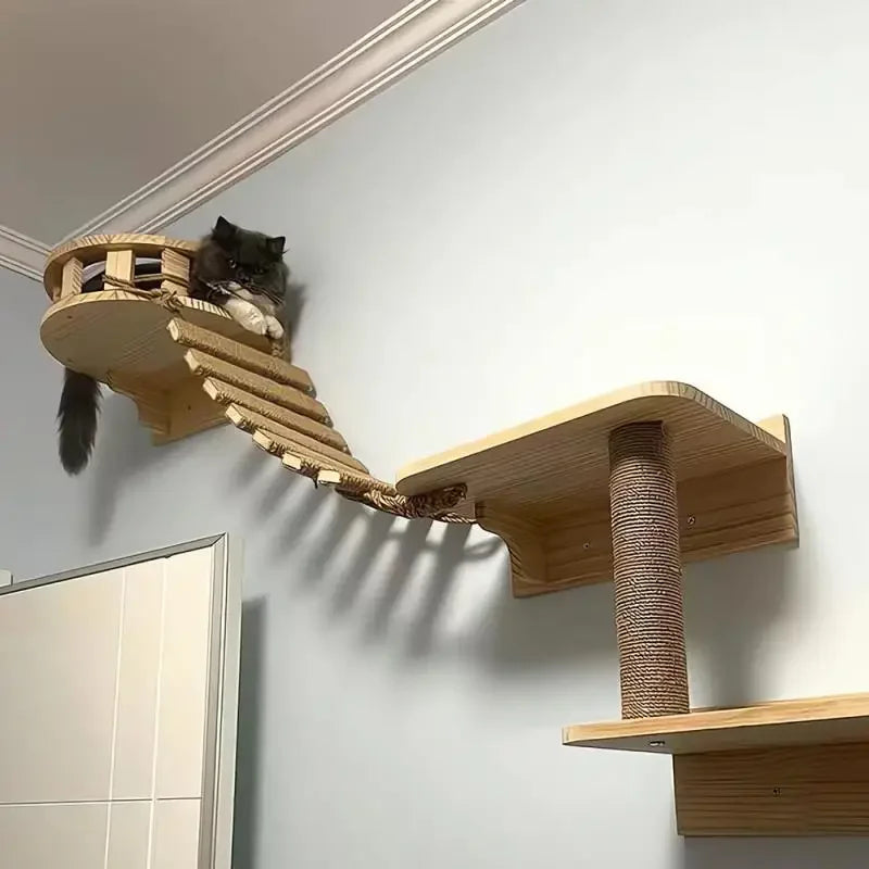 50Cm/100Cm Rope Ladder Wall Mounted Cat Shelves Cat Tree Furniture Wood Sisal Scratcher Rope Steps Climbing Pet Furniture