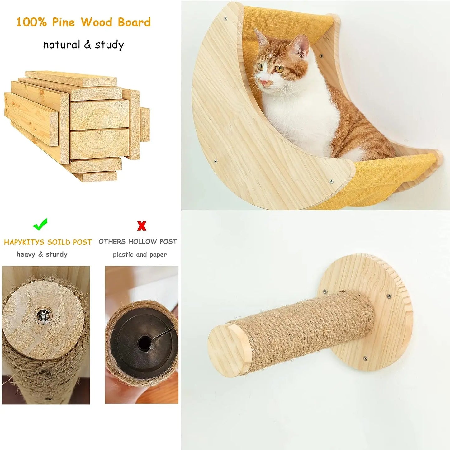 Cat Tree Wall Mounted Climbing Shelves Wooden Platform and Hammock with Cat Step Ladder and Cat Bridge for Kitten Perch Sleeping