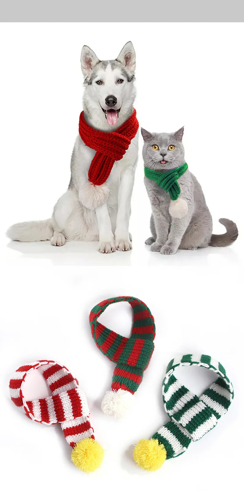 Solid Knitting Winter Pet Scarf for Dogs Christmas New Year Green Red Festival Cat Accessories Adjustable Plush Cozy Dog Collar