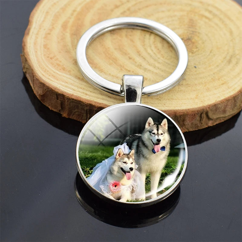 Animals Key Chains Siberian Husky Double Side Keychain Dog Photo Glass Cabochon Keyring Animals Jewelry