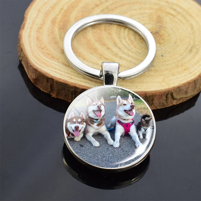 Animals Key Chains Siberian Husky Double Side Keychain Dog Photo Glass Cabochon Keyring Animals Jewelry