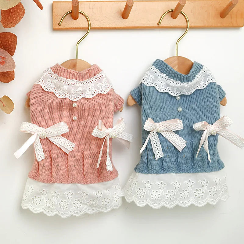 Classic Dog Winter Sweater with Tie Thick Weaving Warm Pet Cat Clothing Lovely Princess New Year Coat Christmas Dog Clothes