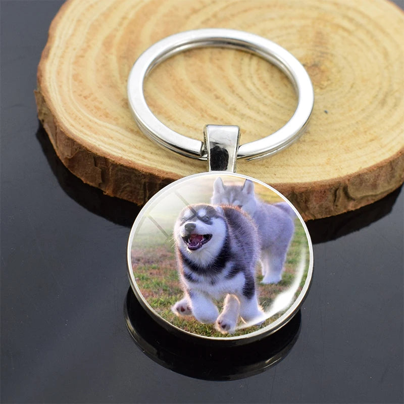 Animals Key Chains Siberian Husky Double Side Keychain Dog Photo Glass Cabochon Keyring Animals Jewelry
