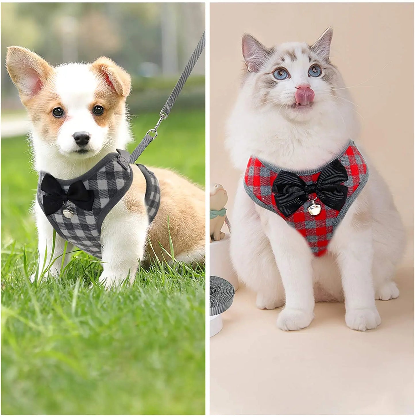 Plaid Dog Harness and Leash Set for Small Medium Dogs Cats Puppy French Bulldog Pet Bowtie Tuxedo Vest Harness