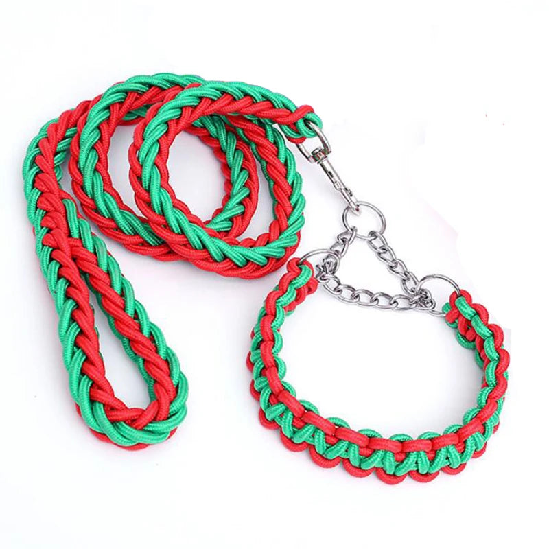Heavy Duty Pet Dog Collar Leash Set Adjustable Obedience P Chain Collar Nylon Dog Leash Strap Lead Rope for Medium Large Dogs