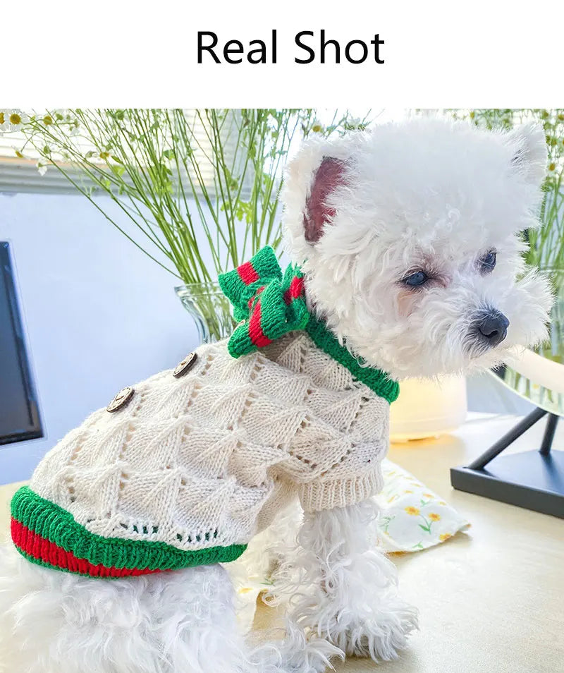 Classic Dog Winter Sweater with Tie Thick Weaving Warm Pet Cat Clothing Lovely Princess New Year Coat Christmas Dog Clothes