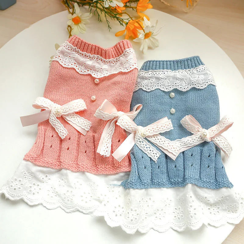 Classic Dog Winter Sweater with Tie Thick Weaving Warm Pet Cat Clothing Lovely Princess New Year Coat Christmas Dog Clothes