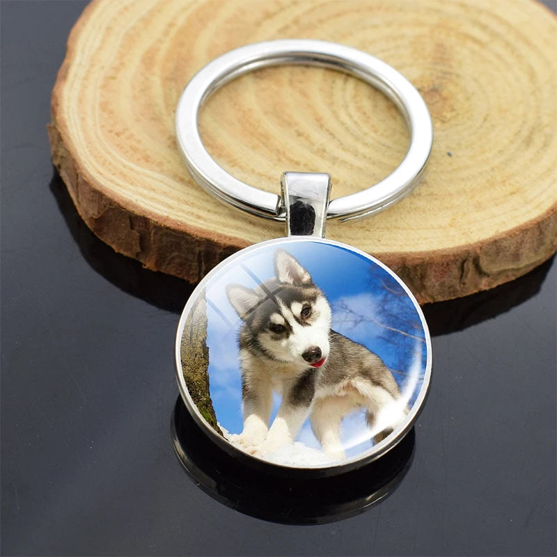 Animals Key Chains Siberian Husky Double Side Keychain Dog Photo Glass Cabochon Keyring Animals Jewelry