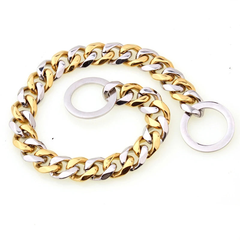 Strong Choke Chain Dog Collar Luxury 15MM 18K Gold Stainless Steel Cuban Link Metal Necklace for Small Medium Large Dogs Pitbull