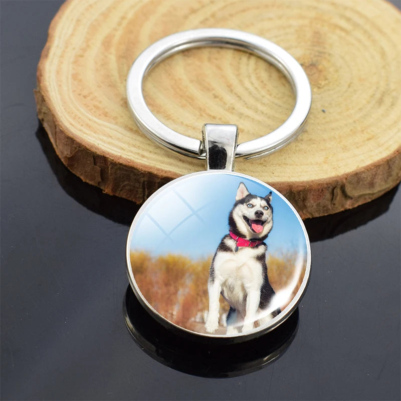 Animals Key Chains Siberian Husky Double Side Keychain Dog Photo Glass Cabochon Keyring Animals Jewelry