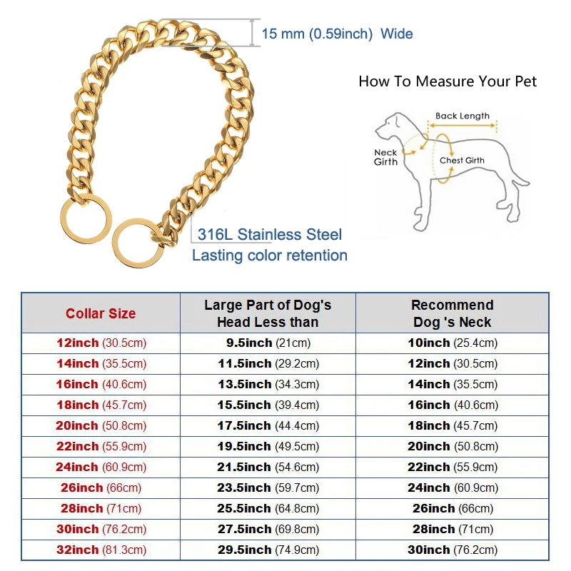 Strong Choke Chain Dog Collar Luxury 15MM 18K Gold Stainless Steel Cuban Link Metal Necklace for Small Medium Large Dogs Pitbull