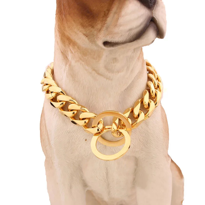 Strong Choke Chain Dog Collar Luxury 15MM 18K Gold Stainless Steel Cuban Link Metal Necklace for Small Medium Large Dogs Pitbull