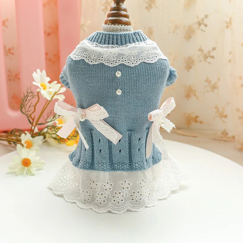 Classic Dog Winter Sweater with Tie Thick Weaving Warm Pet Cat Clothing Lovely Princess New Year Coat Christmas Dog Clothes
