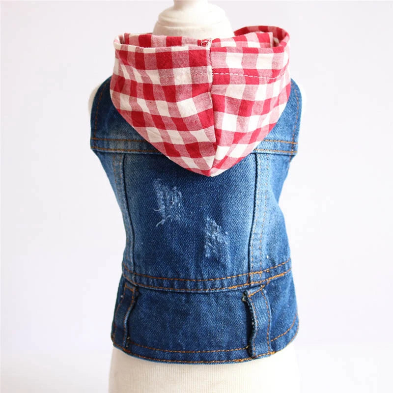 Sleeveless Denim Dog Jacket - Dark Wash, Puppy Hooded Jeans Coat Spring Summer Dog Clothes for Small Medium Dogs Bulldog Yorkie