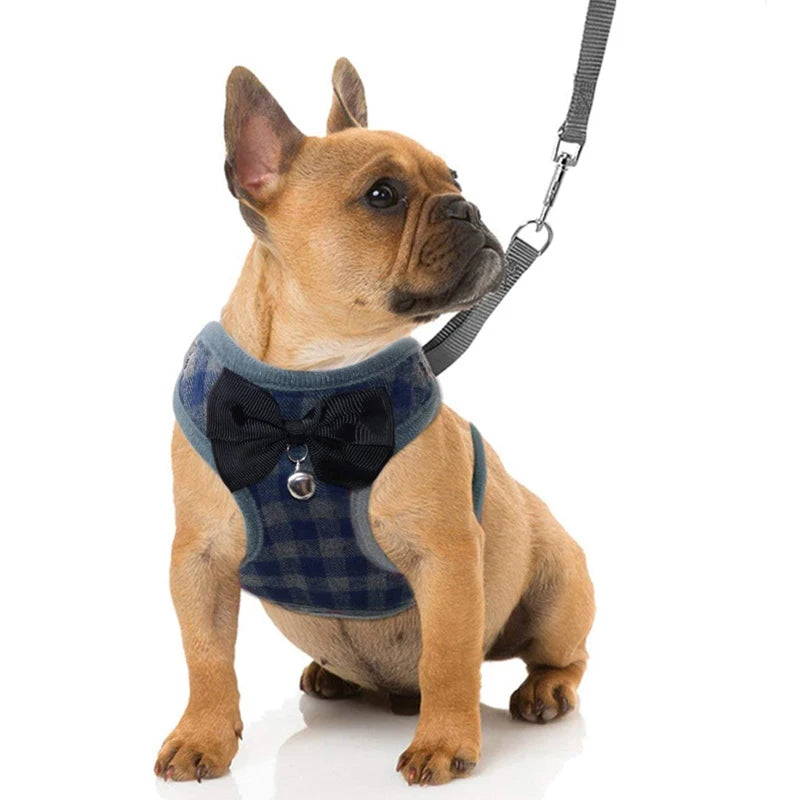 Plaid Dog Harness and Leash Set for Small Medium Dogs Cats Puppy French Bulldog Pet Bowtie Tuxedo Vest Harness