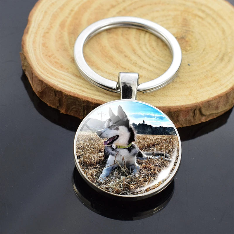 Animals Key Chains Siberian Husky Double Side Keychain Dog Photo Glass Cabochon Keyring Animals Jewelry