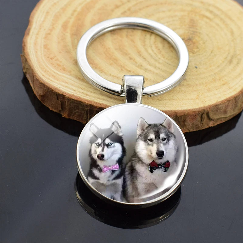 Animals Key Chains Siberian Husky Double Side Keychain Dog Photo Glass Cabochon Keyring Animals Jewelry