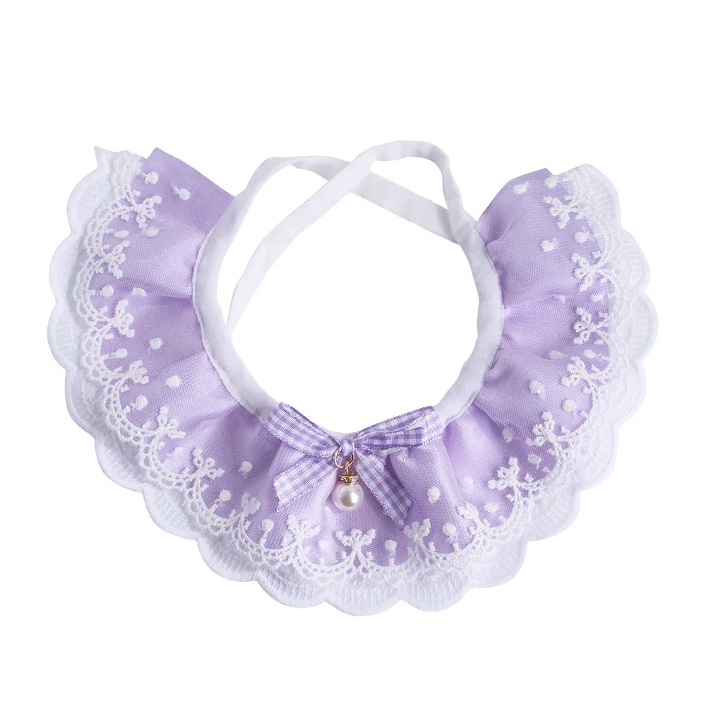 Romantic Lace Pet Dog Collar Bib Pearl Flower Princess Puppy Collar Necklace Candy Color Elastic Lace-Up Cat Bandana Accessories