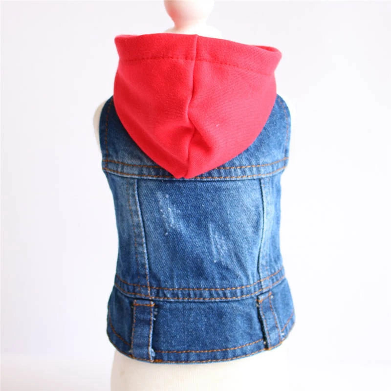 Sleeveless Denim Dog Jacket - Dark Wash, Puppy Hooded Jeans Coat Spring Summer Dog Clothes for Small Medium Dogs Bulldog Yorkie