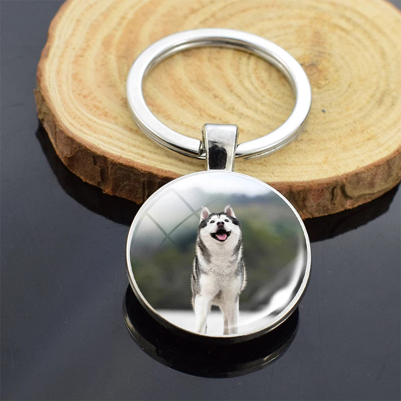 Animals Key Chains Siberian Husky Double Side Keychain Dog Photo Glass Cabochon Keyring Animals Jewelry