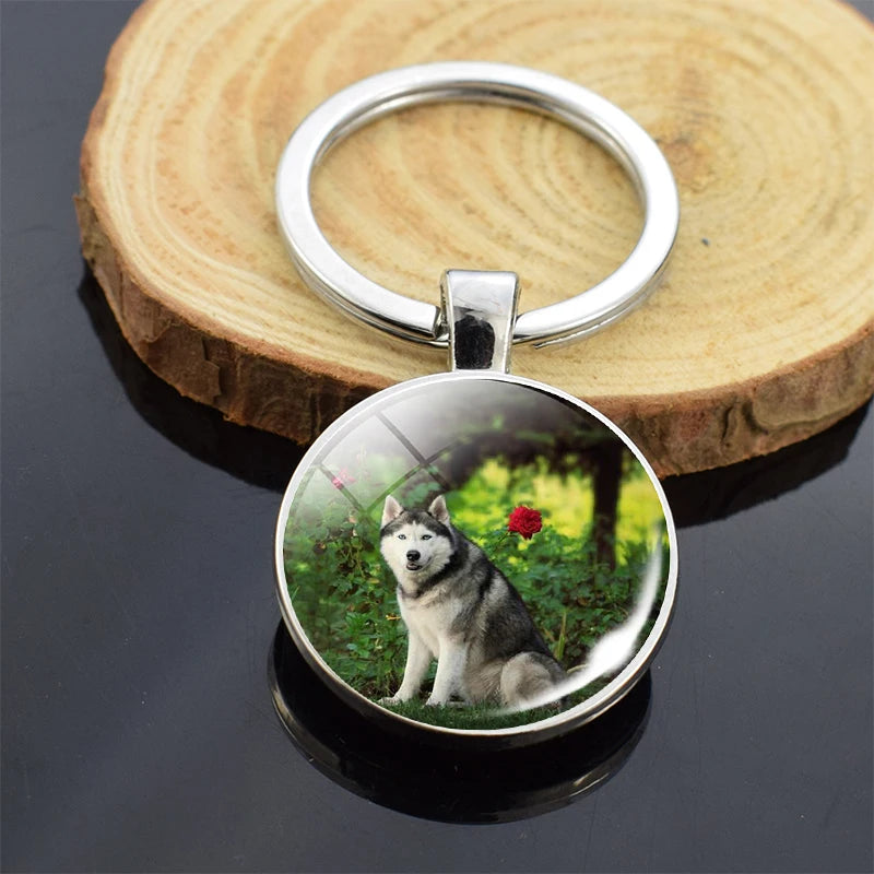 Animals Key Chains Siberian Husky Double Side Keychain Dog Photo Glass Cabochon Keyring Animals Jewelry