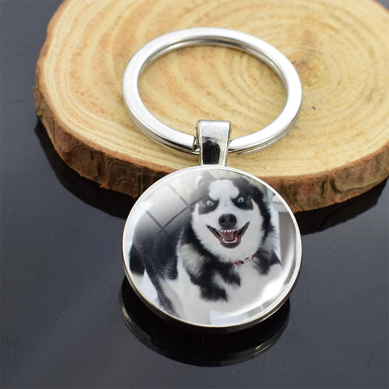 Animals Key Chains Siberian Husky Double Side Keychain Dog Photo Glass Cabochon Keyring Animals Jewelry