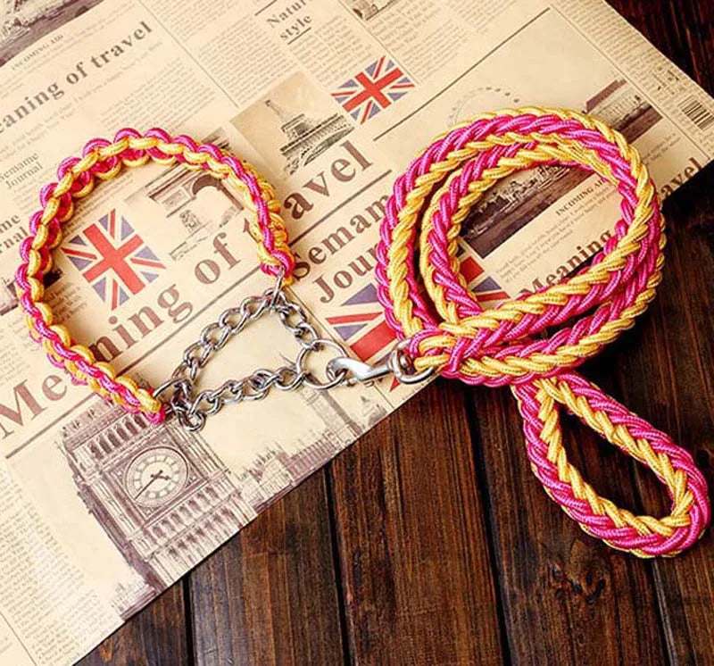Heavy Duty Pet Dog Collar Leash Set Adjustable Obedience P Chain Collar Nylon Dog Leash Strap Lead Rope for Medium Large Dogs