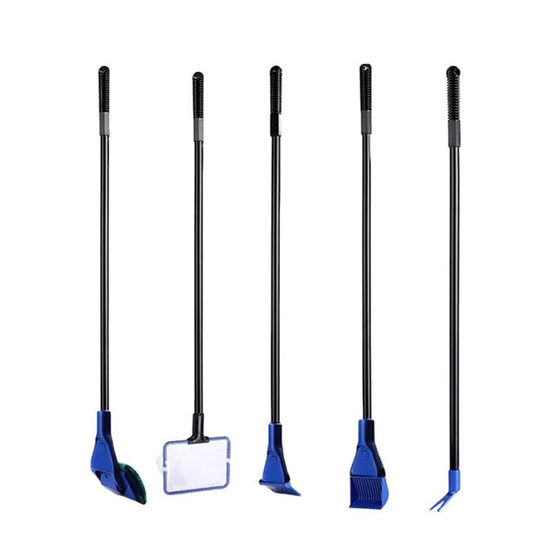 5 in 1 Aquarium Tank Cleaner Set Fish Net Gravel Rake Algae Scraper Fork Sponge Brush Glass Cleaner For Aquarium Cleaning Tools
