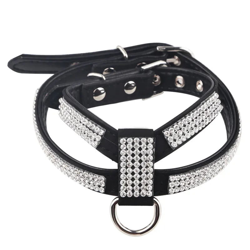 Luxury Bling Rhinestone Dog Harness for Small Medium Dogs Puppy Adjustable Soft Leather Pet Harness with Diamond York Chihuahua