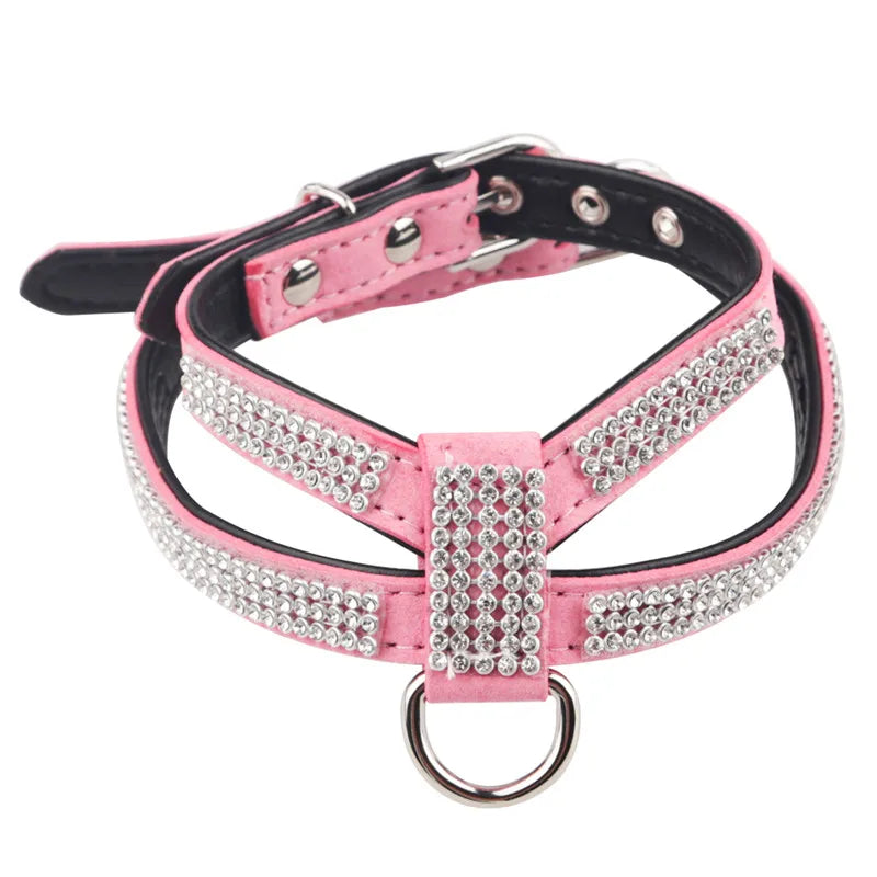 Luxury Bling Rhinestone Dog Harness for Small Medium Dogs Puppy Adjustable Soft Leather Pet Harness with Diamond York Chihuahua