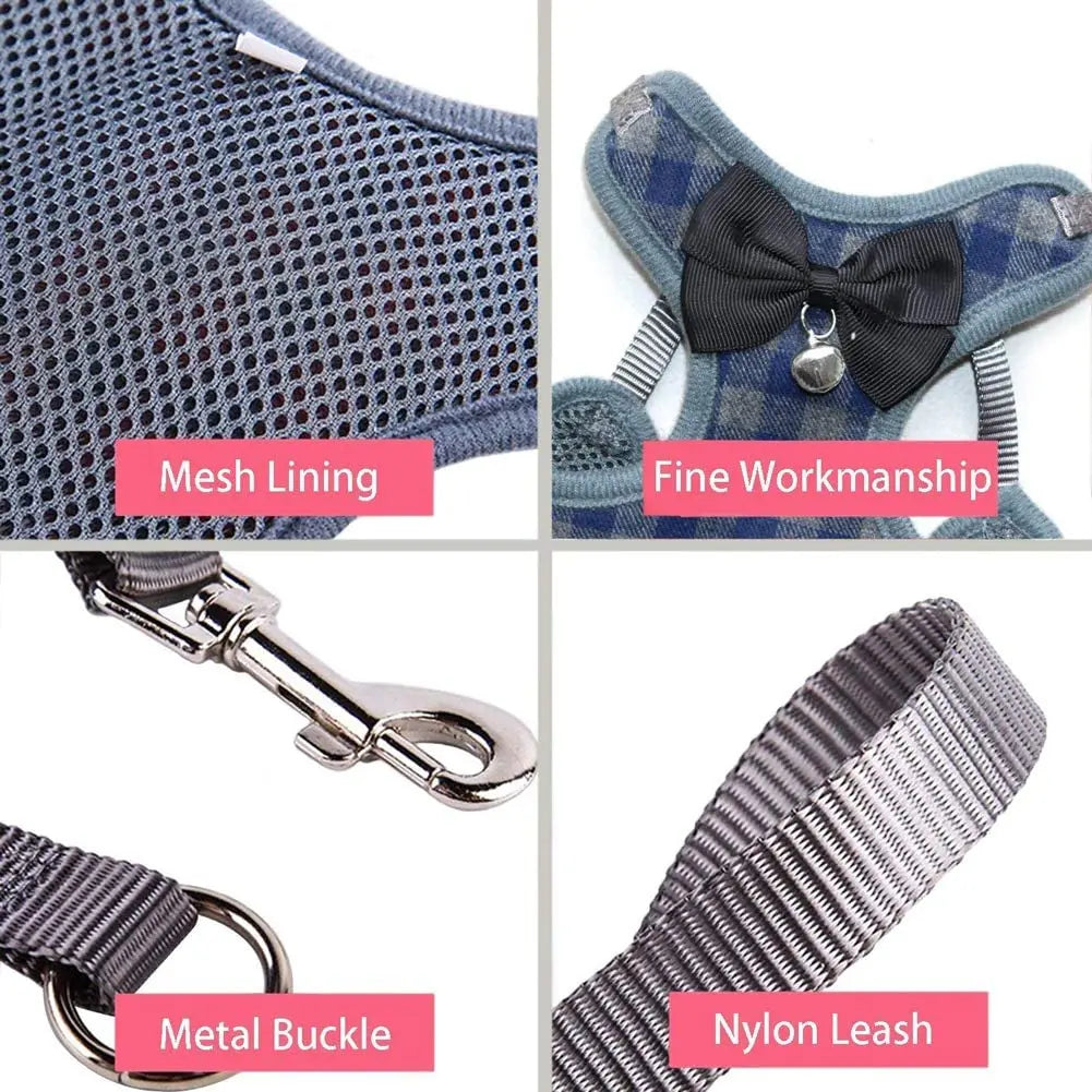 Plaid Dog Harness and Leash Set for Small Medium Dogs Cats Puppy French Bulldog Pet Bowtie Tuxedo Vest Harness