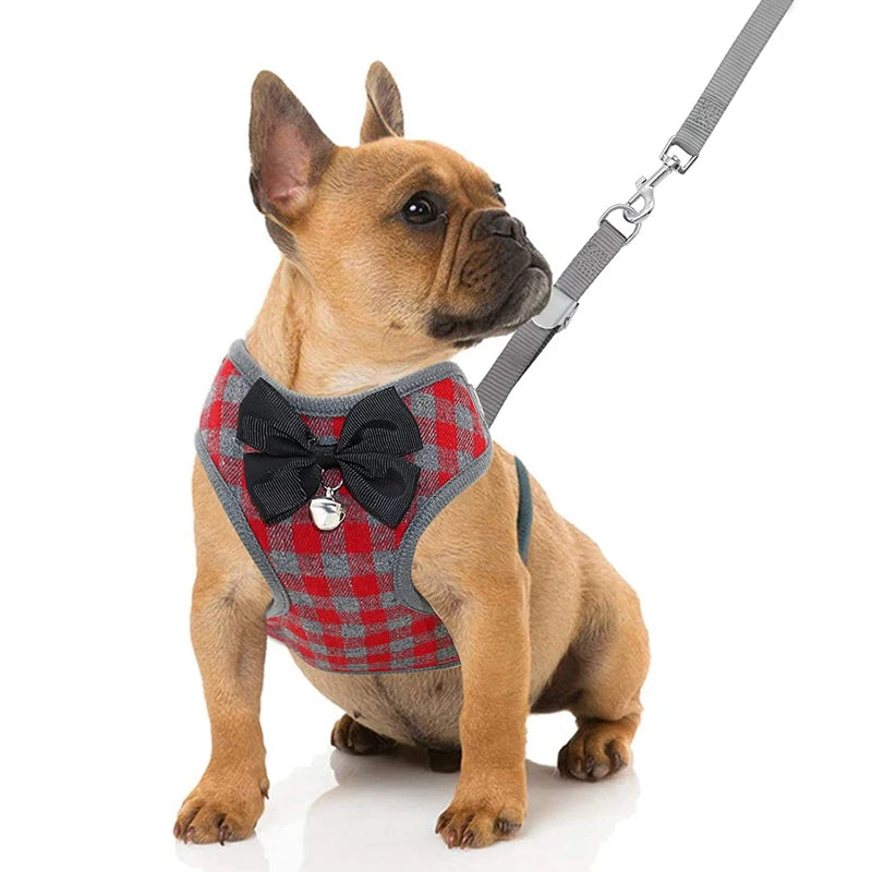 Plaid Dog Harness and Leash Set for Small Medium Dogs Cats Puppy French Bulldog Pet Bowtie Tuxedo Vest Harness