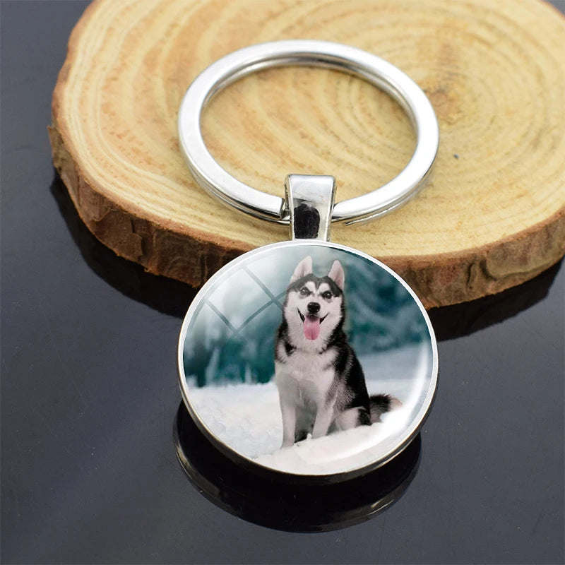Animals Key Chains Siberian Husky Double Side Keychain Dog Photo Glass Cabochon Keyring Animals Jewelry