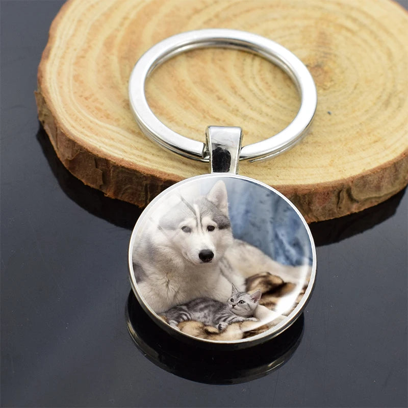 Animals Key Chains Siberian Husky Double Side Keychain Dog Photo Glass Cabochon Keyring Animals Jewelry