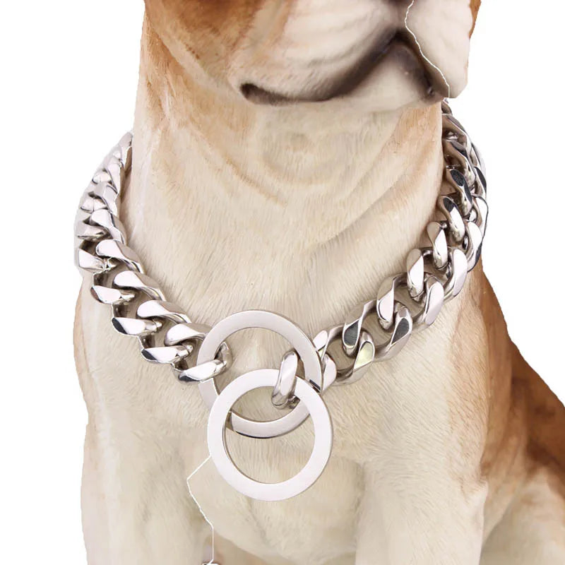 Strong Choke Chain Dog Collar Luxury 15MM 18K Gold Stainless Steel Cuban Link Metal Necklace for Small Medium Large Dogs Pitbull