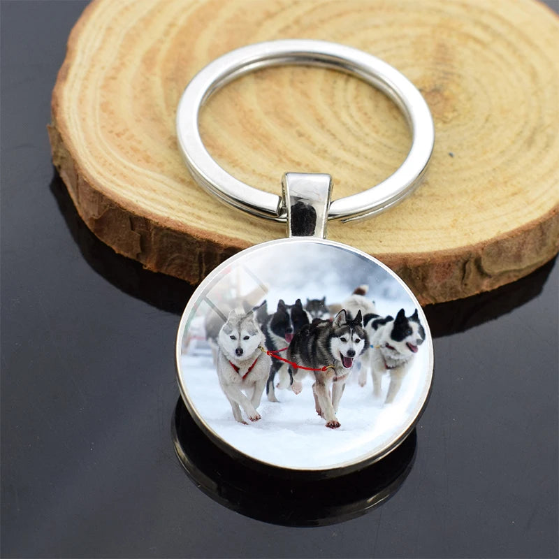 Animals Key Chains Siberian Husky Double Side Keychain Dog Photo Glass Cabochon Keyring Animals Jewelry