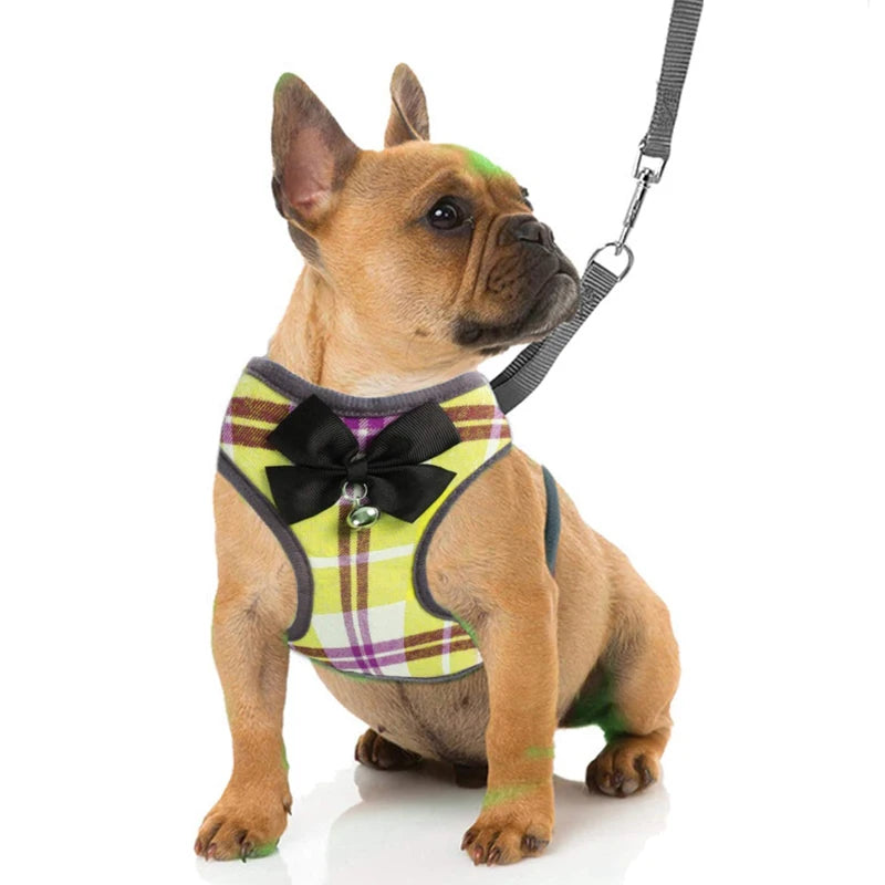 Plaid Dog Harness and Leash Set for Small Medium Dogs Cats Puppy French Bulldog Pet Bowtie Tuxedo Vest Harness