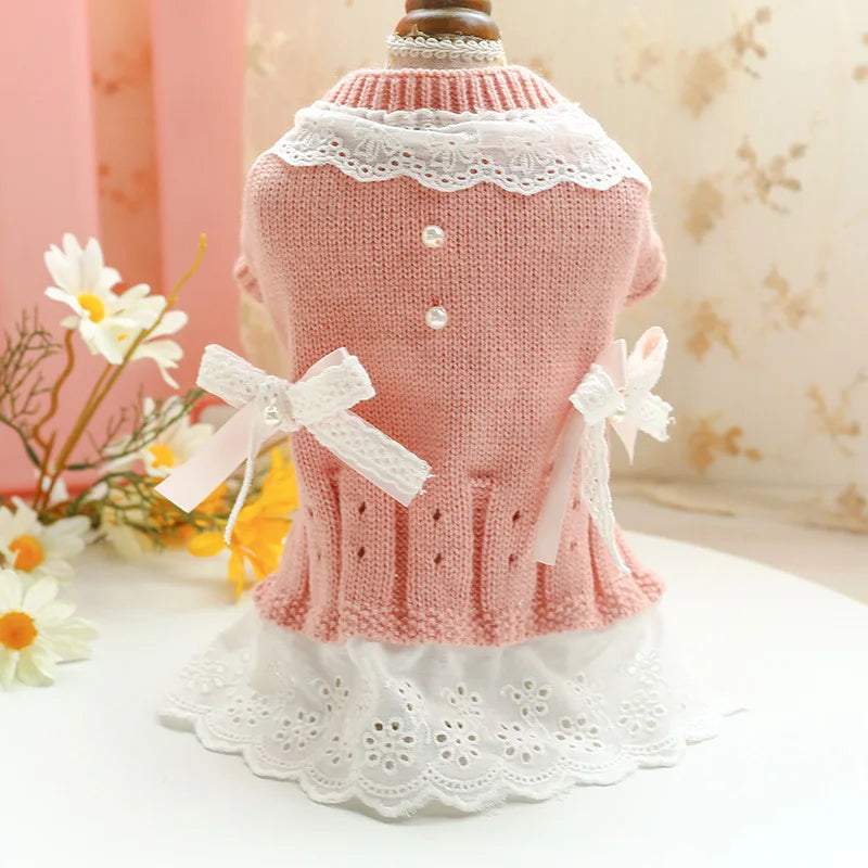 Classic Dog Winter Sweater with Tie Thick Weaving Warm Pet Cat Clothing Lovely Princess New Year Coat Christmas Dog Clothes