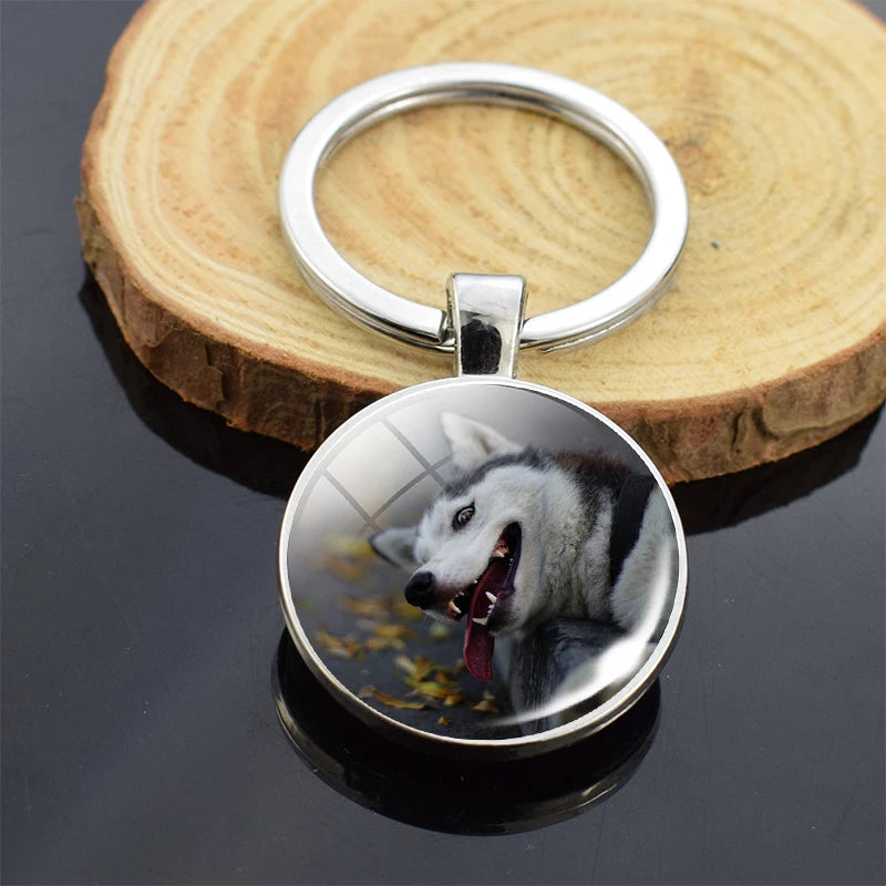 Animals Key Chains Siberian Husky Double Side Keychain Dog Photo Glass Cabochon Keyring Animals Jewelry