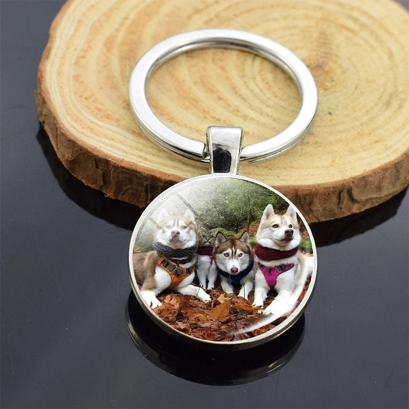 Animals Key Chains Siberian Husky Double Side Keychain Dog Photo Glass Cabochon Keyring Animals Jewelry