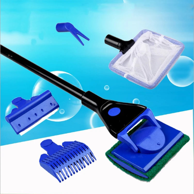 5 in 1 Aquarium Tank Cleaner Set Fish Net Gravel Rake Algae Scraper Fork Sponge Brush Glass Cleaner For Aquarium Cleaning Tools