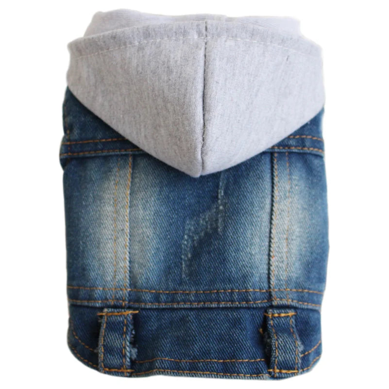 Sleeveless Denim Dog Jacket - Dark Wash, Puppy Hooded Jeans Coat Spring Summer Dog Clothes for Small Medium Dogs Bulldog Yorkie