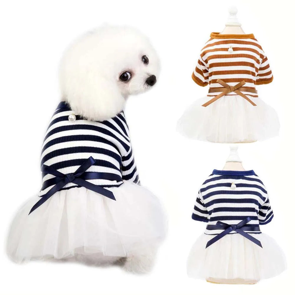 Stripe Dog Dresses for Small Dogs Girl Spring Summer Puppy Clothes Tulle Princess Skirts Party Birthday Pet Apparel