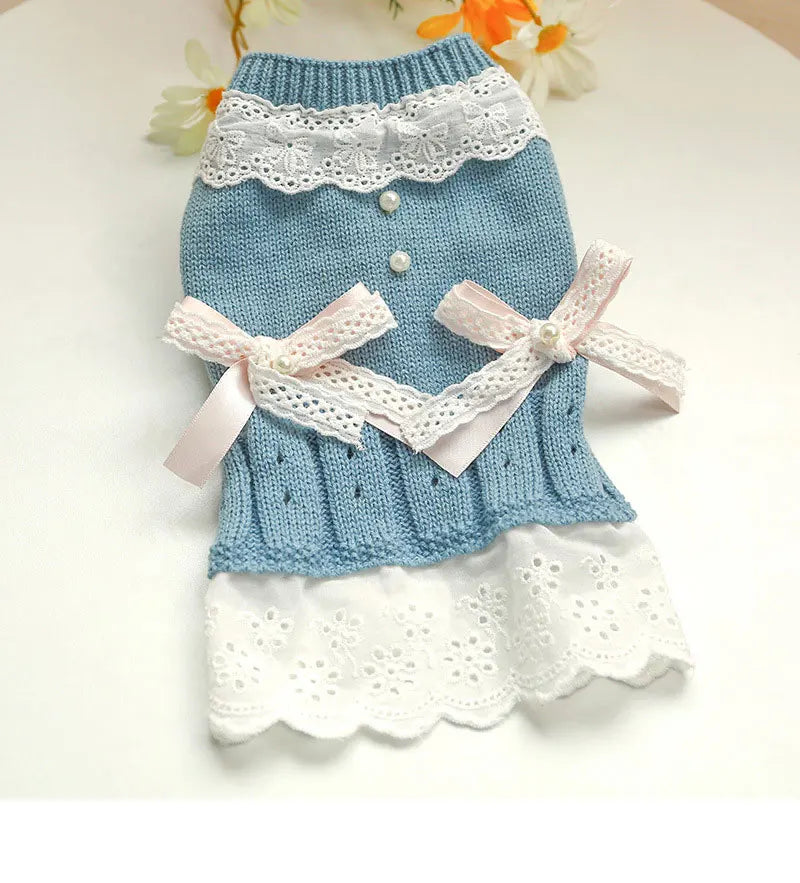 Classic Dog Winter Sweater with Tie Thick Weaving Warm Pet Cat Clothing Lovely Princess New Year Coat Christmas Dog Clothes