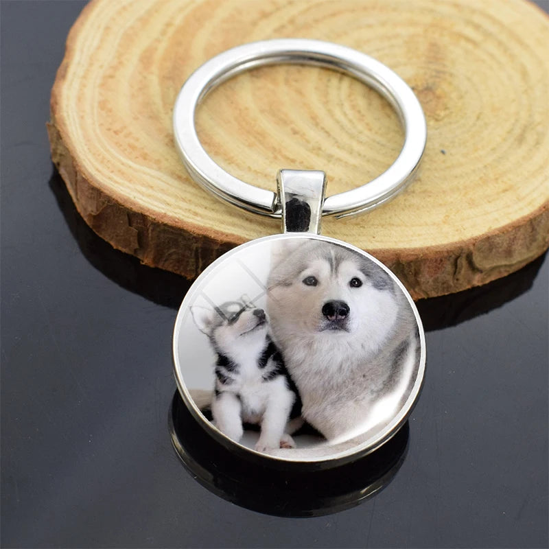 Animals Key Chains Siberian Husky Double Side Keychain Dog Photo Glass Cabochon Keyring Animals Jewelry
