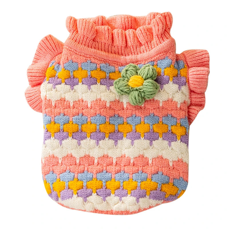 Knitted Flower Pet Dog Sweaters Orange Winter Warm New Year Clothing for French Bulldog Outfits Fancy Small Puppy Overalls