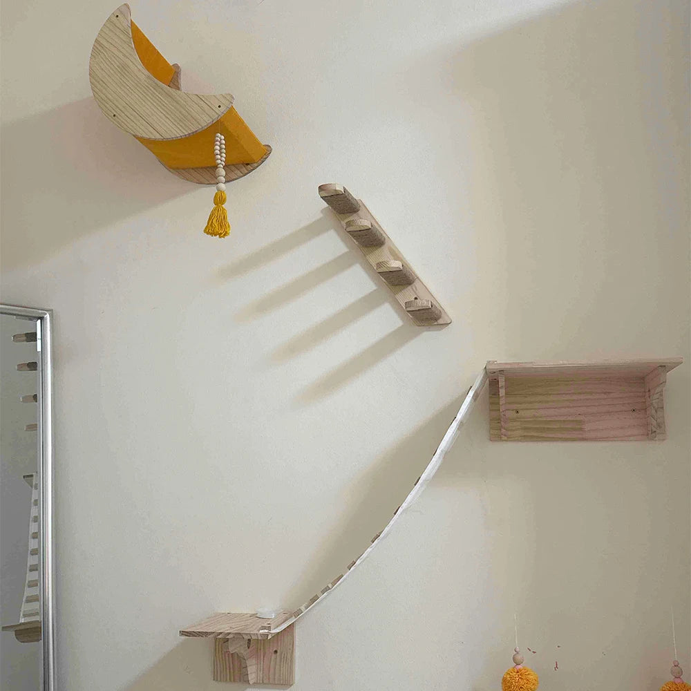 Cat Tree Climbing Shelves Wall Mounted Cat Furniture 50cm&100cm Cat Bridge Hammock Set with Ladders Scratching Posts Platform
