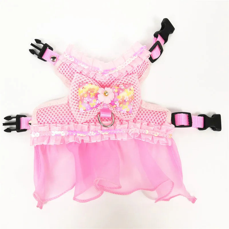 Dog Bow Dress Harness Leash Set for Small Medium Dogs Breathable Mesh Pet Tulle Skirt with Sequins Luxury Design Dog Clothes